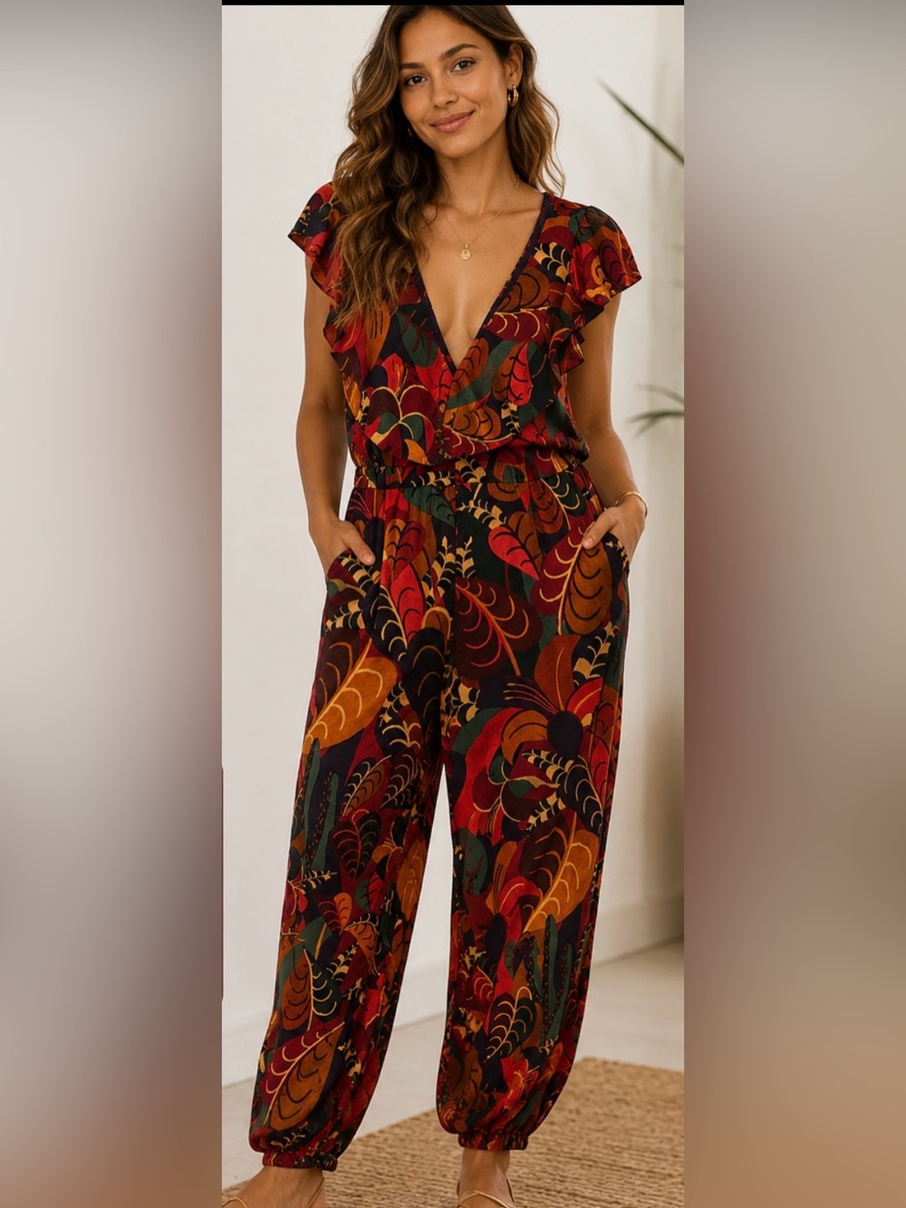 Farm Rio Ruffle Floral Print Jumpsuit - Size XL